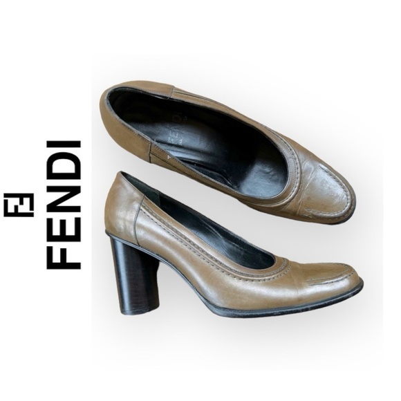 Fendi pumps cylinder heel women’s leather shoes ,color moss, 35.5 made in Italy - Picture 1 of 14